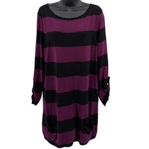 Caslon Sweater Tunic Womens L Berry Black Striped Roll Tab Sleeves Knit Pullover